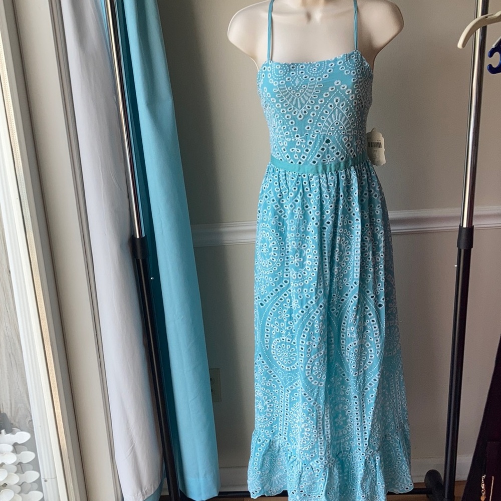 NWT Altar'd State Aqua and White Eyelet Maxi Dress